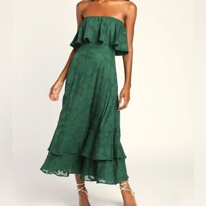 Love You So Truly Dark Green Burnout Floral Strapless Midi Dress